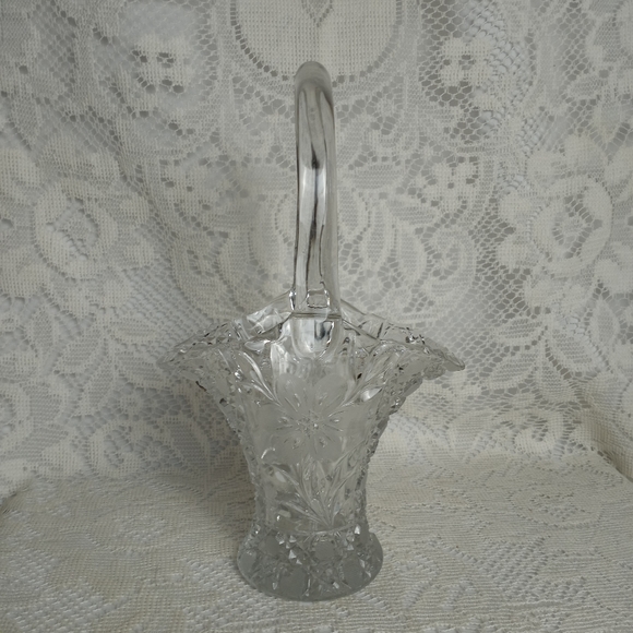 Rare Cane and Cosmos Early American Pattern Glass Flower Bride Basket Clear Cut